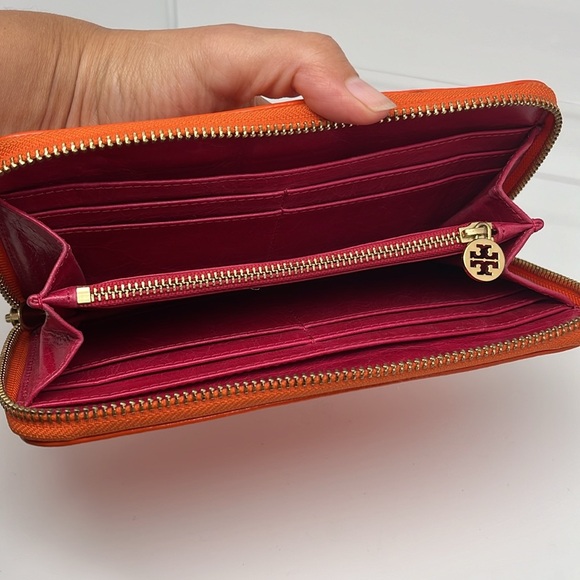 Tory Burch Robinson Continental Zip Around Wallet Clutch Orange Mandarin - Picture 7 of 11